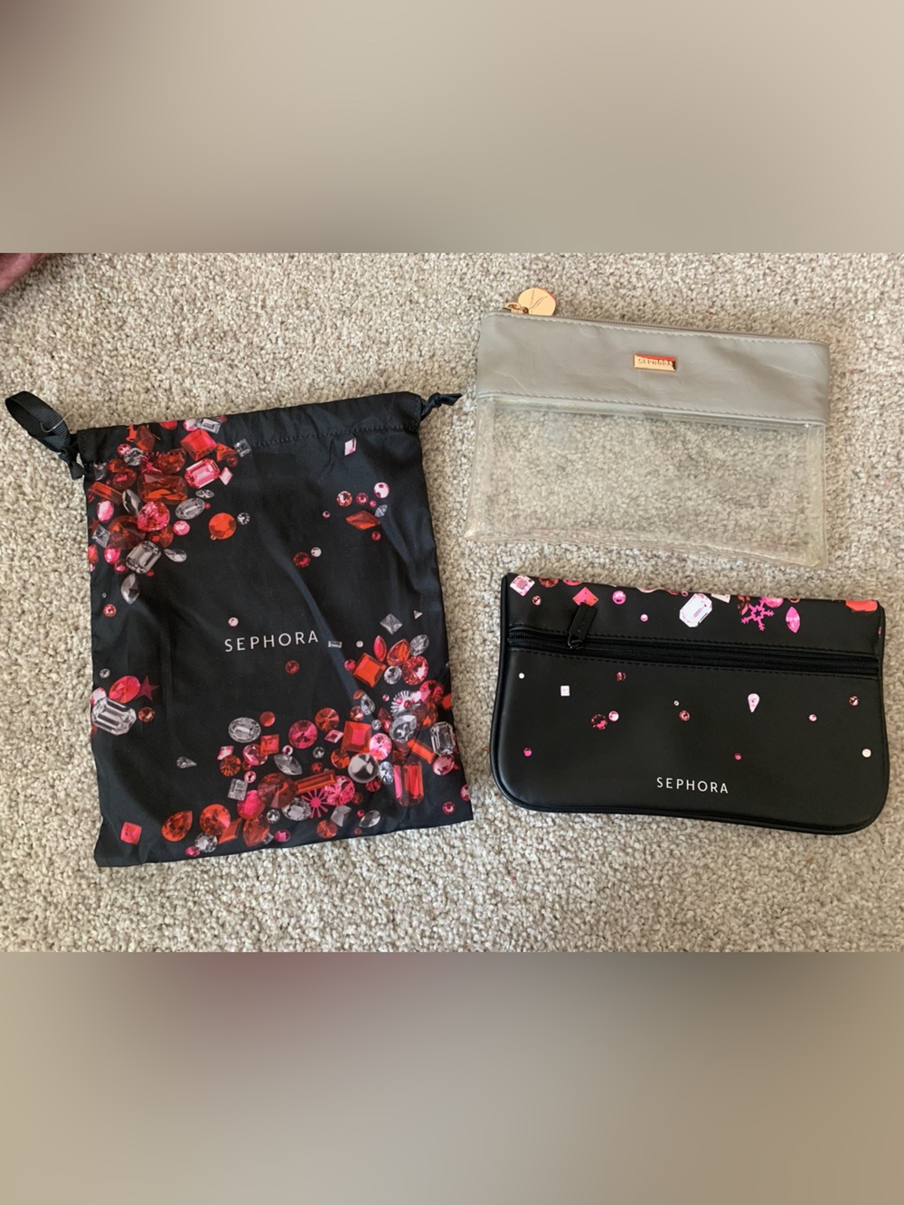 Sephora Black Cosmetic Travel Makeup 3 Bag Trio Red Pink Gem Print, Clear New